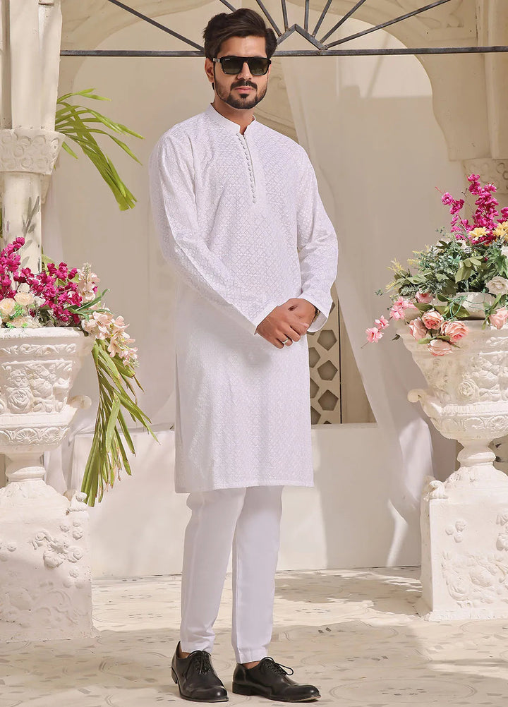 The Great Master (TGM) Chikan Fancy Men Kurta Pajama - Frosty Angel