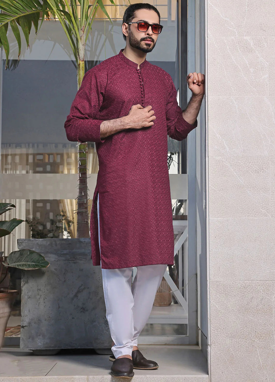 The Great Master (TGM) Chikan Fancy Men Kurta Pajama - Garnet Gleam