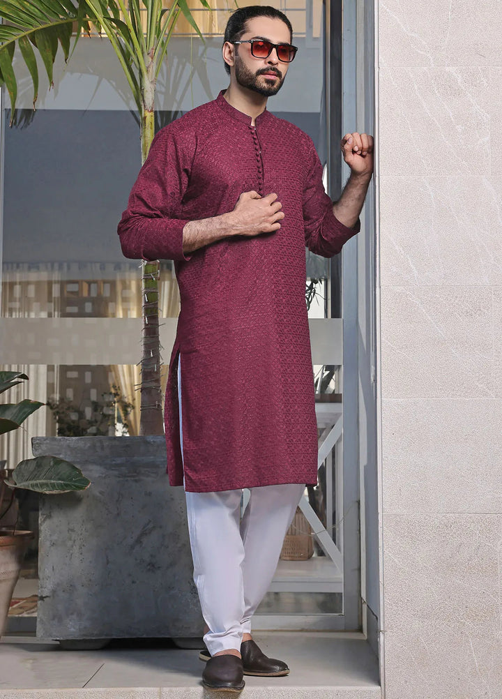 The Great Master (TGM) Chikan Fancy Men Kurta Pajama - Garnet Gleam