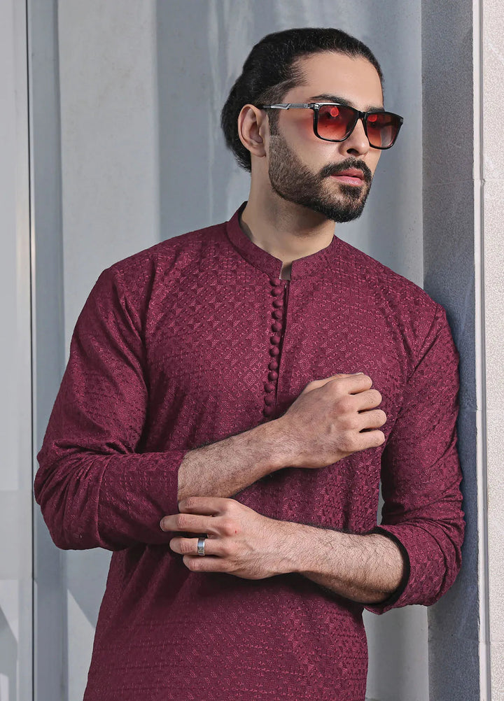 The Great Master (TGM) Chikan Fancy Men Kurta Pajama - Garnet Gleam