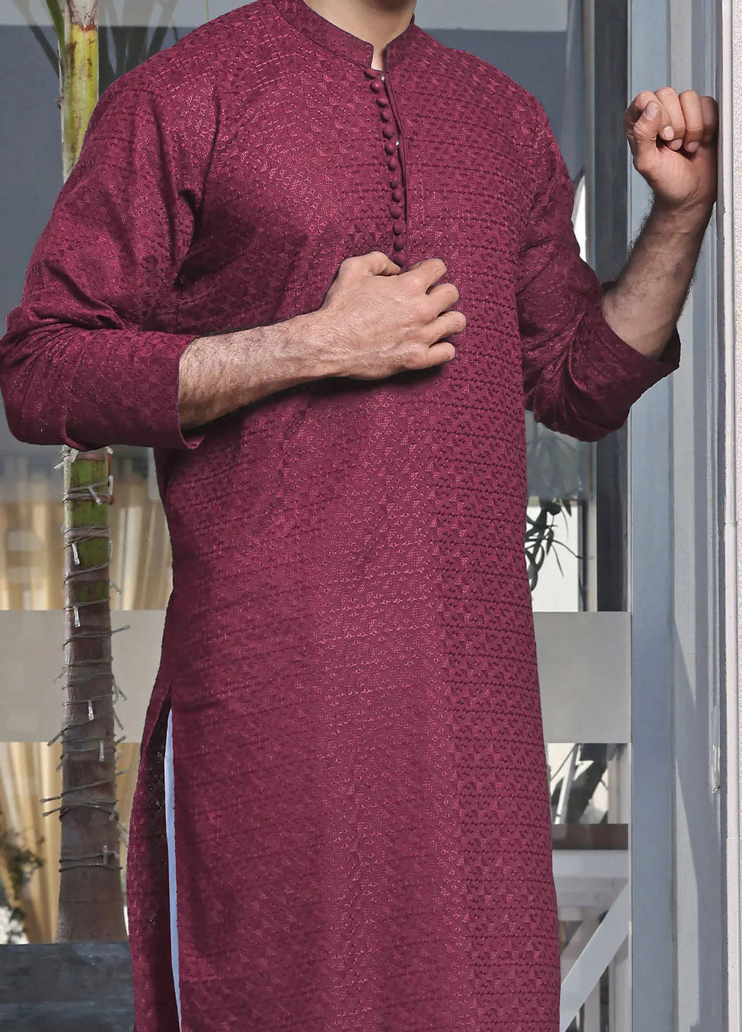 The Great Master (TGM) Chikan Fancy Men Kurta Pajama - Garnet Gleam