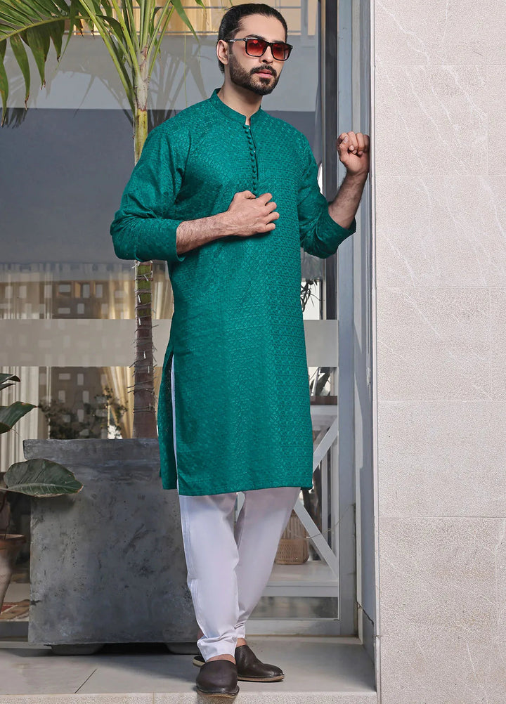 The Great Master (TGM) Chikan Fancy Men Kurta Pajama - Minty Marine