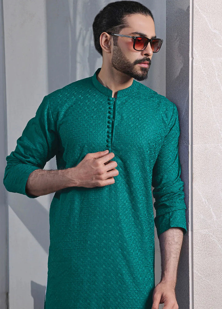 The Great Master (TGM) Chikan Fancy Men Kurta Pajama - Minty Marine