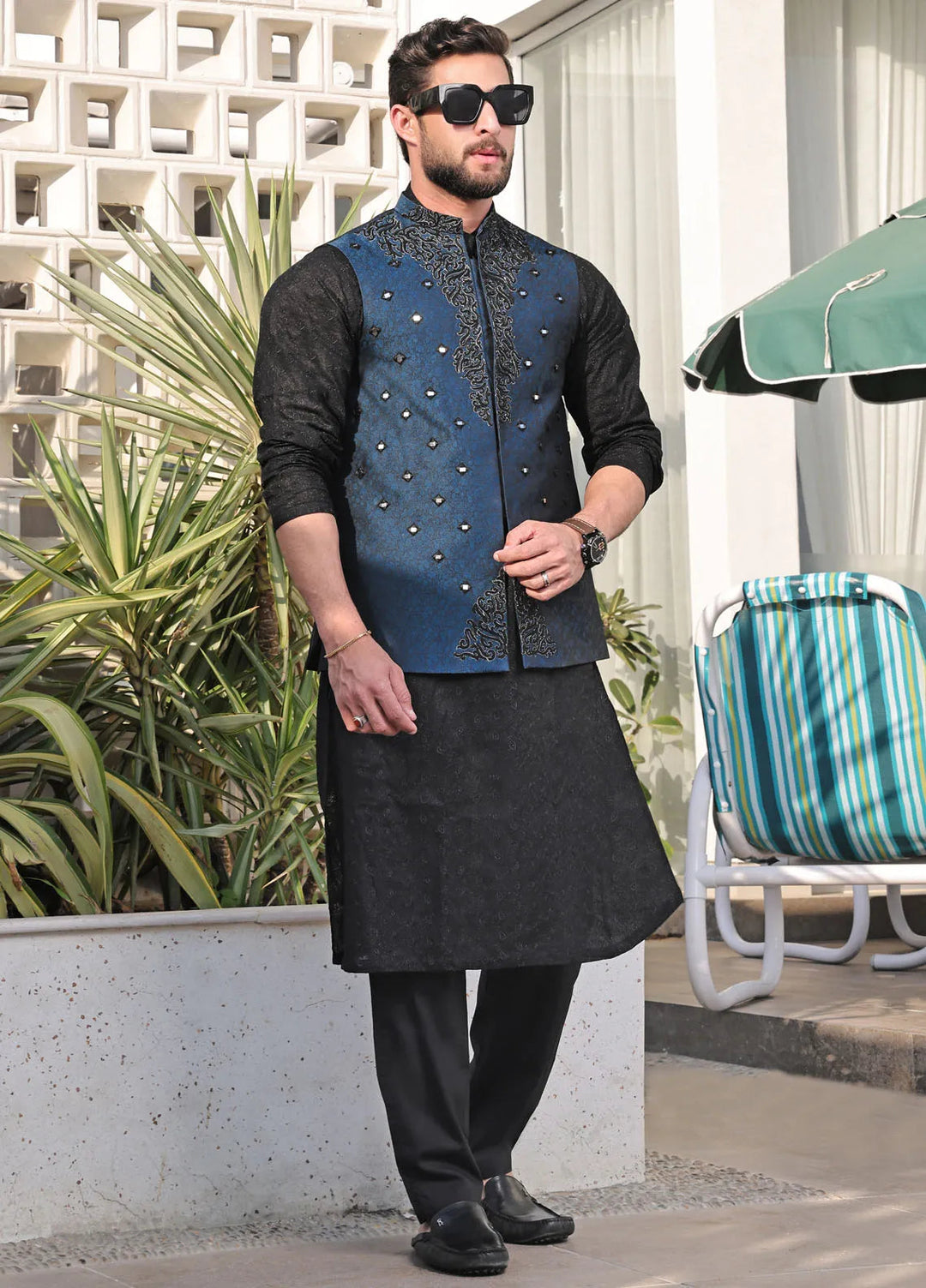 The Great Master (TGM) Jamawar Formal Men Waistcoat - Blue Nebula