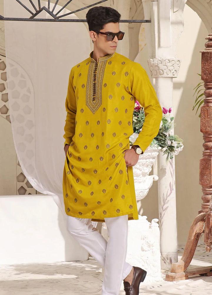 The Great Master (TGM) Raw Silk Fancy Men Kurta Pajama - Citrus Sparkle