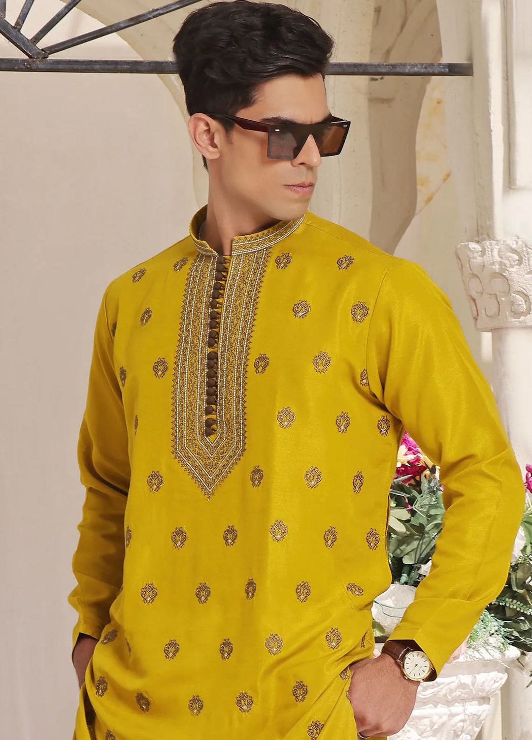 The Great Master (TGM) Raw Silk Fancy Men Kurta Pajama - Citrus Sparkle