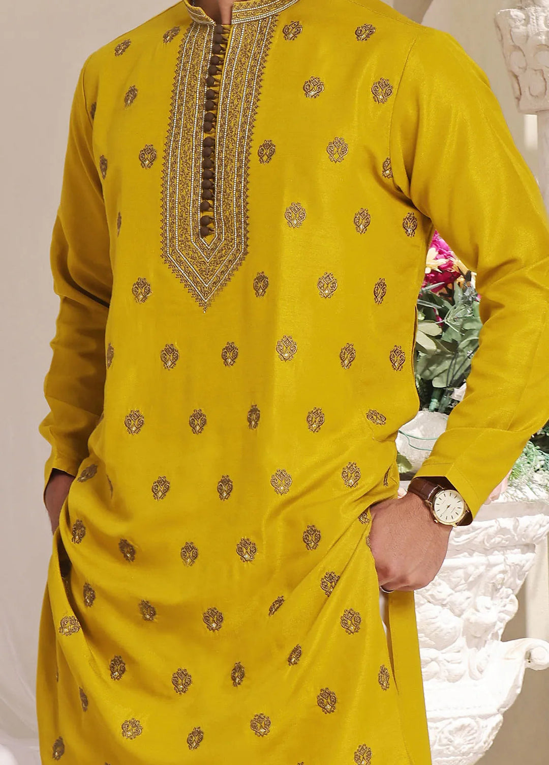 The Great Master (TGM) Raw Silk Fancy Men Kurta Pajama - Citrus Sparkle