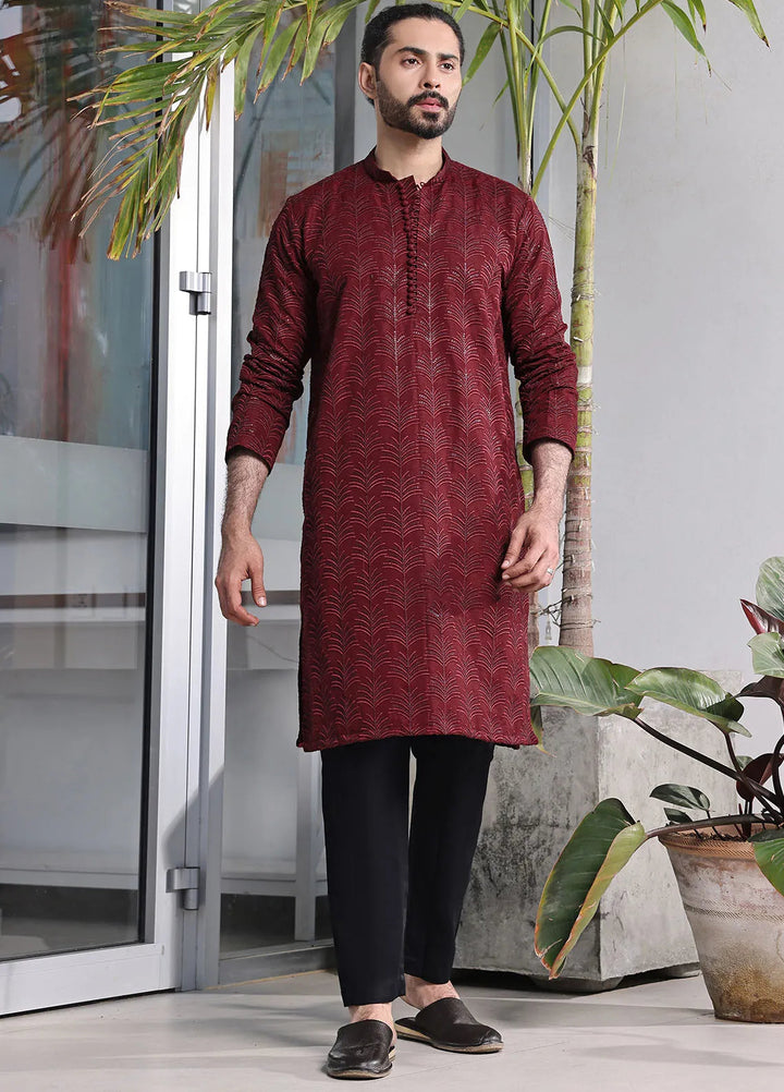 The Great Master (TGM) Raw Silk Fancy Men Kurta Pajama - Crimson Charm