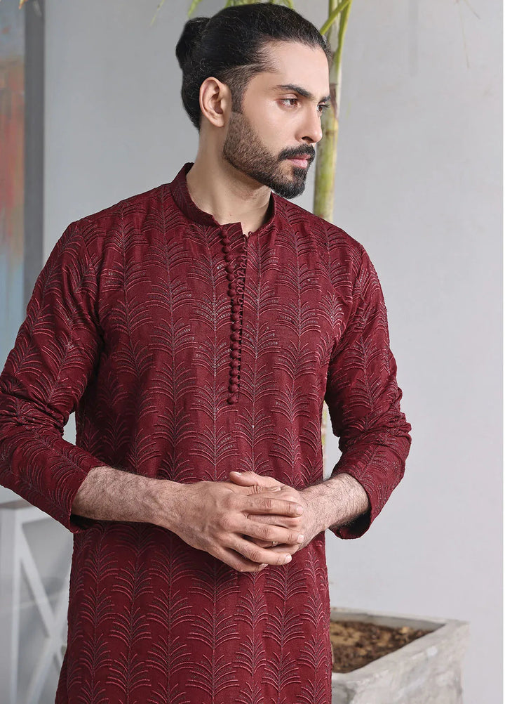 The Great Master (TGM) Raw Silk Fancy Men Kurta Pajama - Crimson Charm