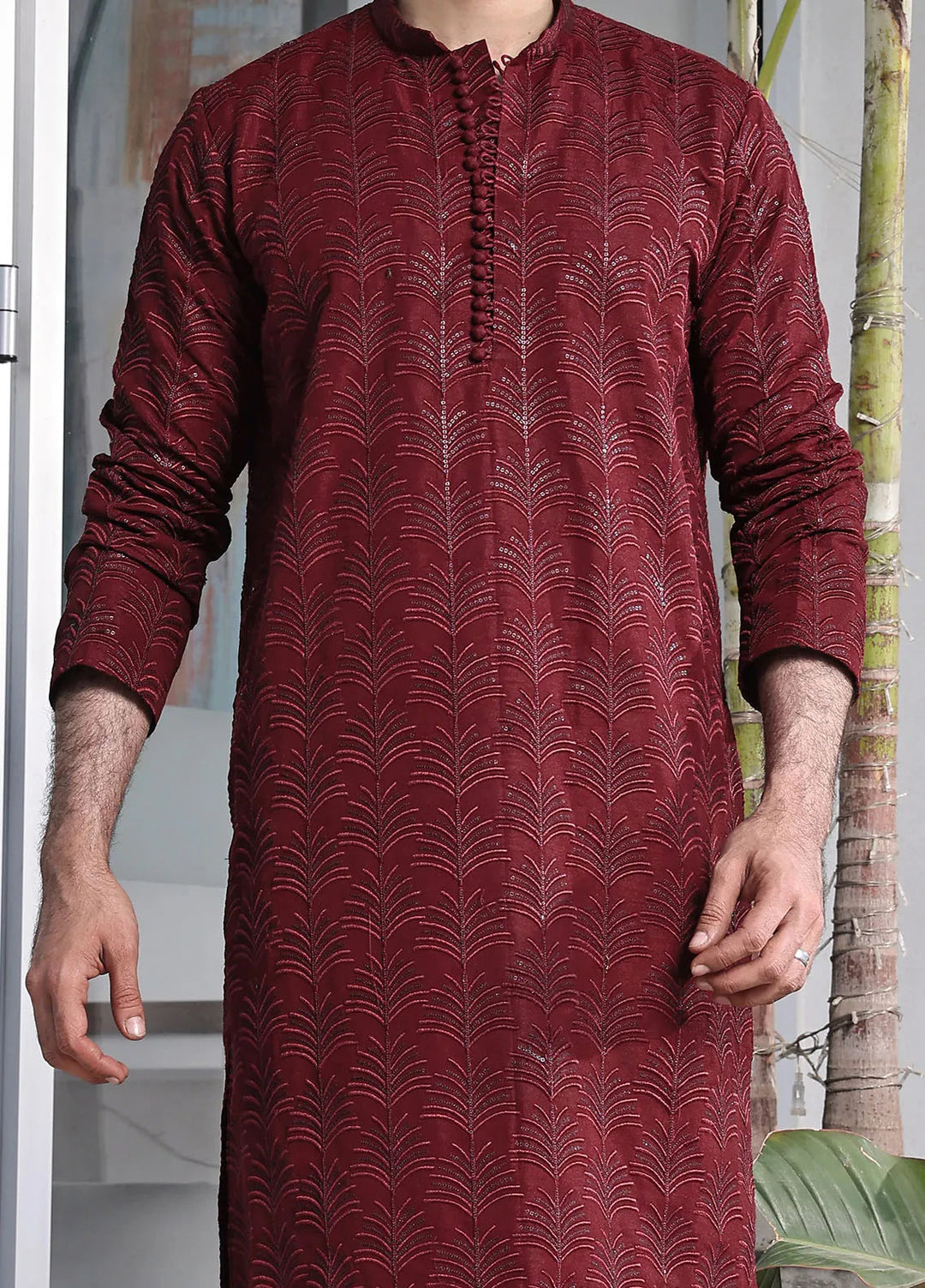 The Great Master (TGM) Raw Silk Fancy Men Kurta Pajama - Crimson Charm