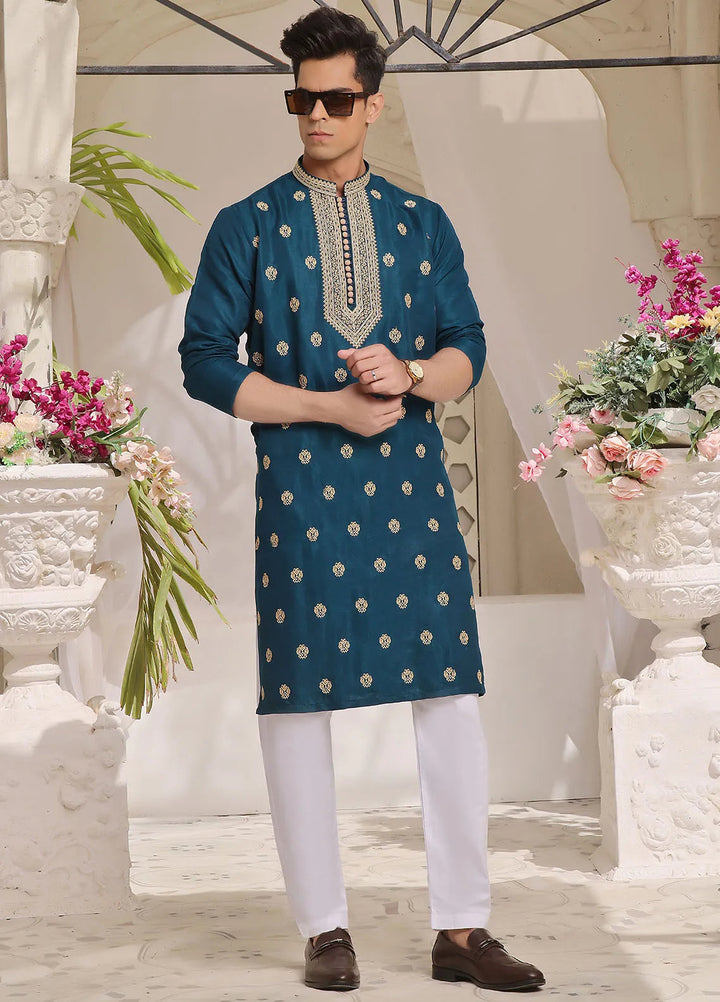The Great Master (TGM) Raw Silk Fancy Men Kurta Pajama - Lagoon Luxury