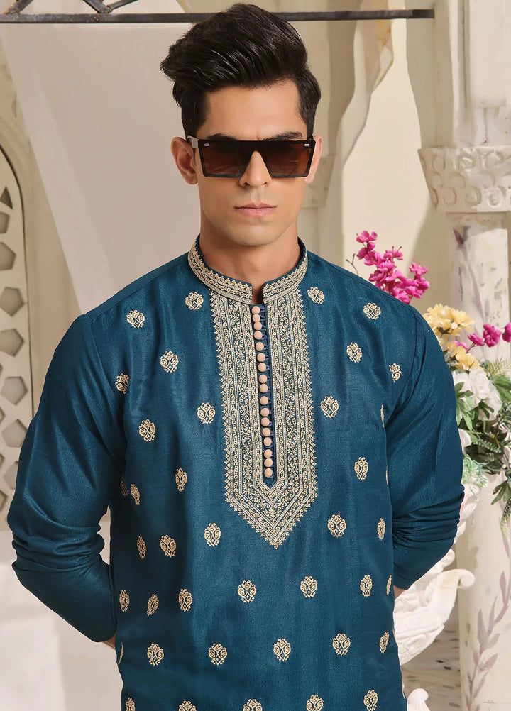 The Great Master (TGM) Raw Silk Fancy Men Kurta Pajama - Lagoon Luxury