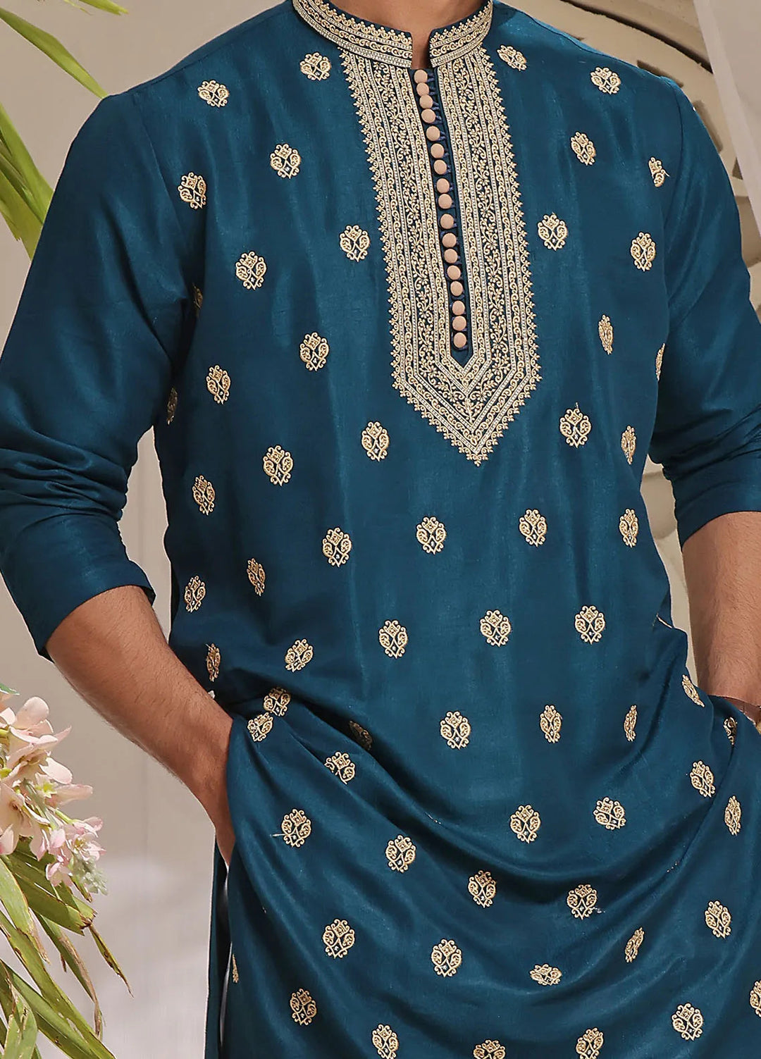 The Great Master (TGM) Raw Silk Fancy Men Kurta Pajama - Lagoon Luxury