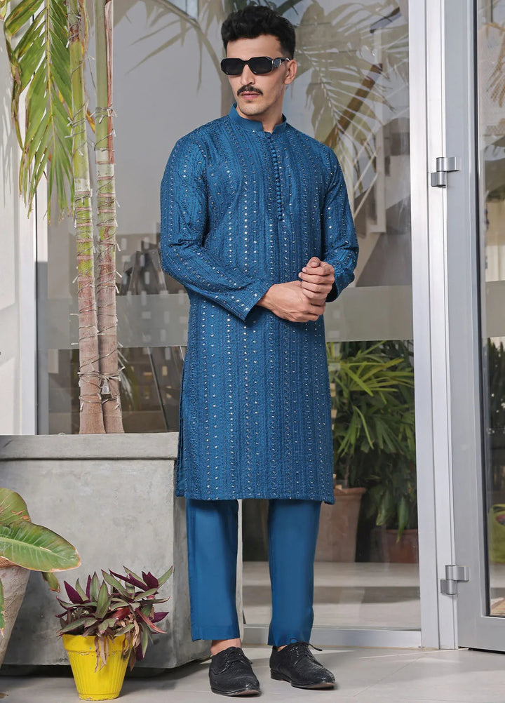 The Great Master (TGM) Raw Silk Fancy Men Kurta Pajama - Noble Blue