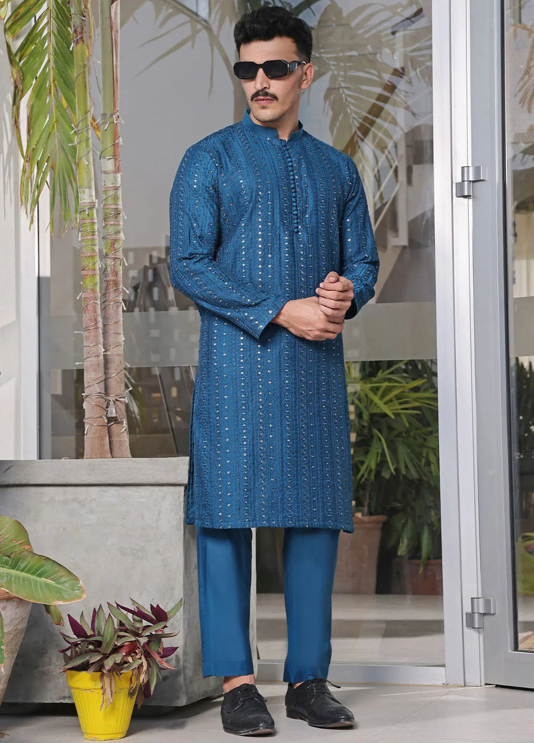 The Great Master (TGM) Raw Silk Fancy Men Kurta Pajama - Noble Blue