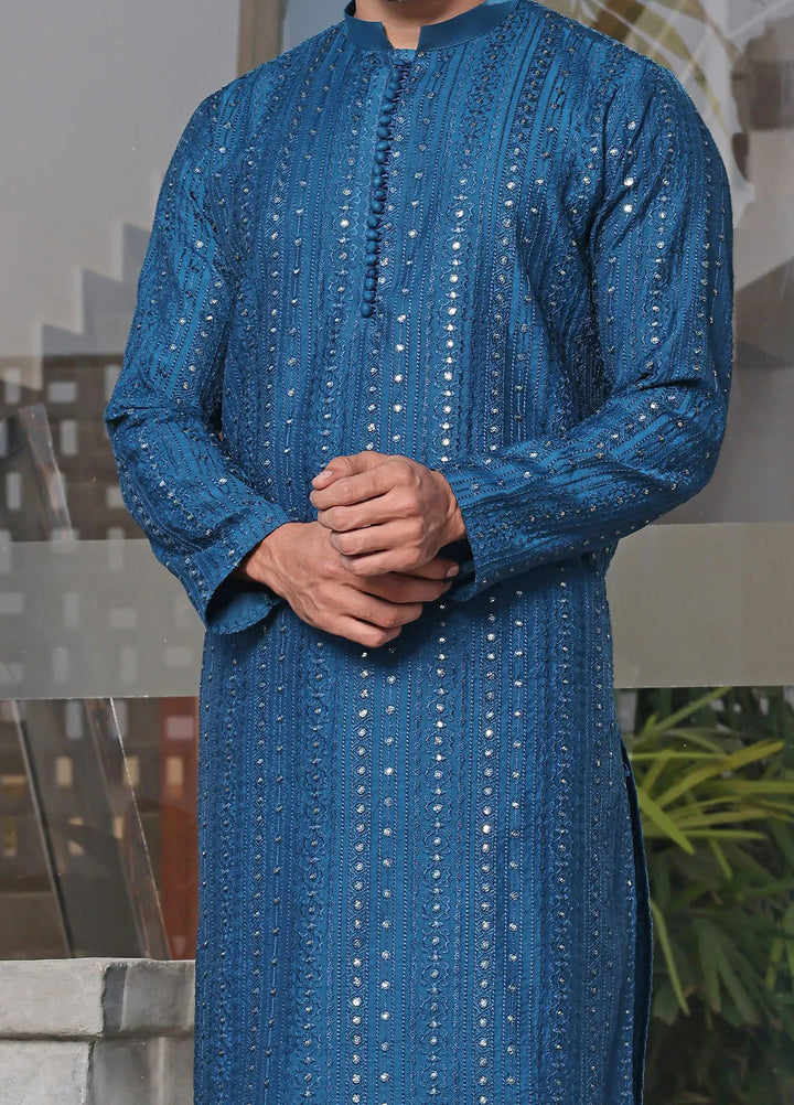 The Great Master (TGM) Raw Silk Fancy Men Kurta Pajama - Noble Blue