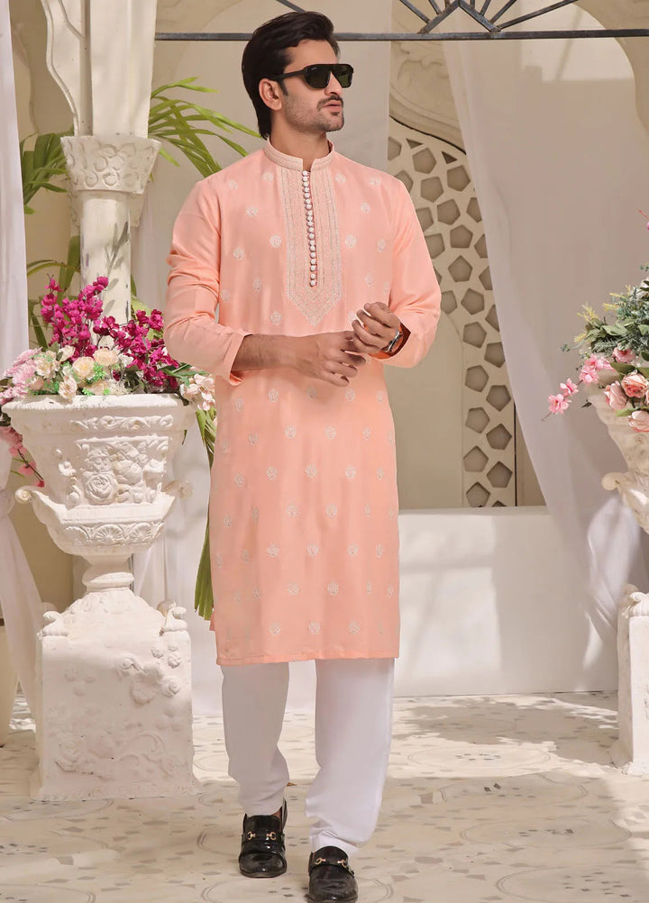 The Great Master (TGM) Raw Silk Fancy Men Kurta Pajama - Peachy Paradise