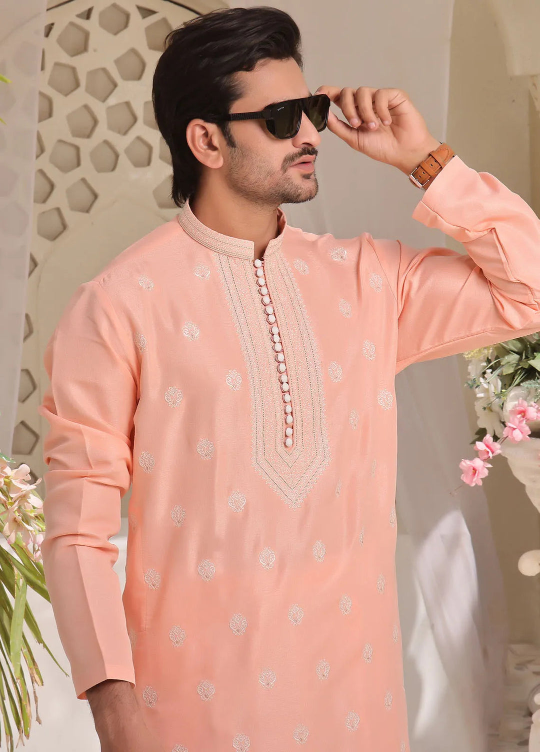The Great Master (TGM) Raw Silk Fancy Men Kurta Pajama - Peachy Paradise