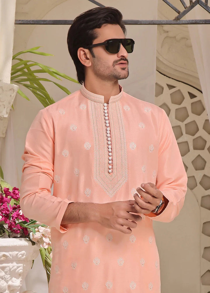 The Great Master (TGM) Raw Silk Fancy Men Kurta Pajama - Peachy Paradise