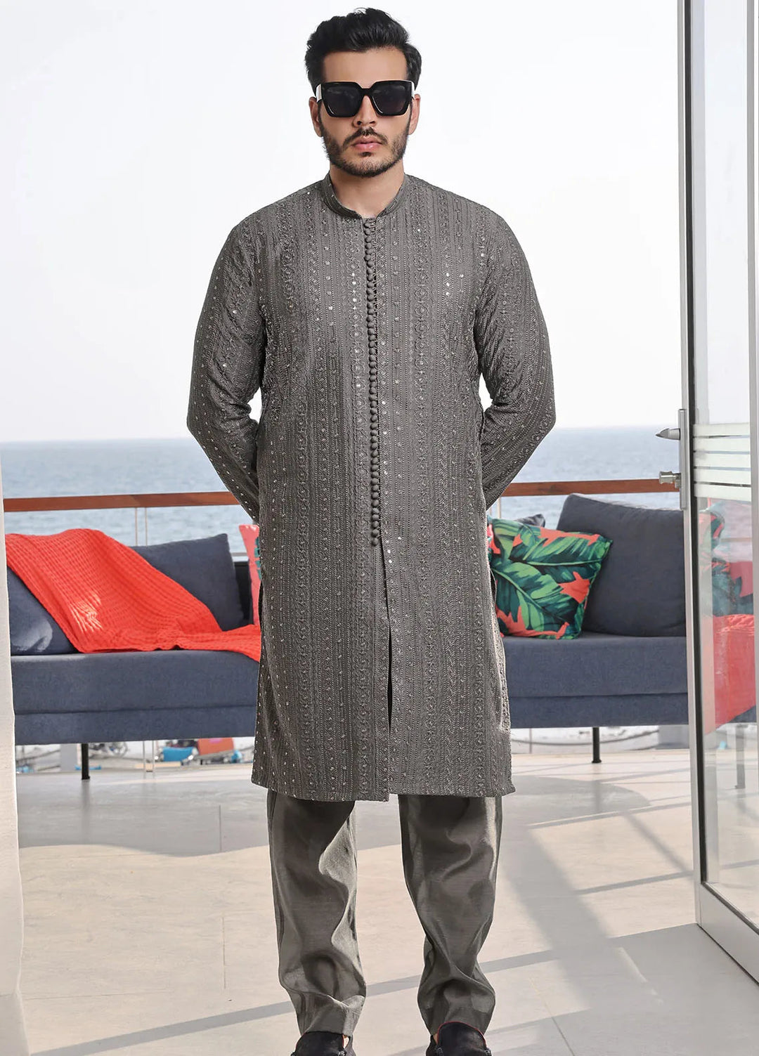 The Great Master (TGM) Raw Silk Fancy Men Kurta Pajama - Stormy Splendor