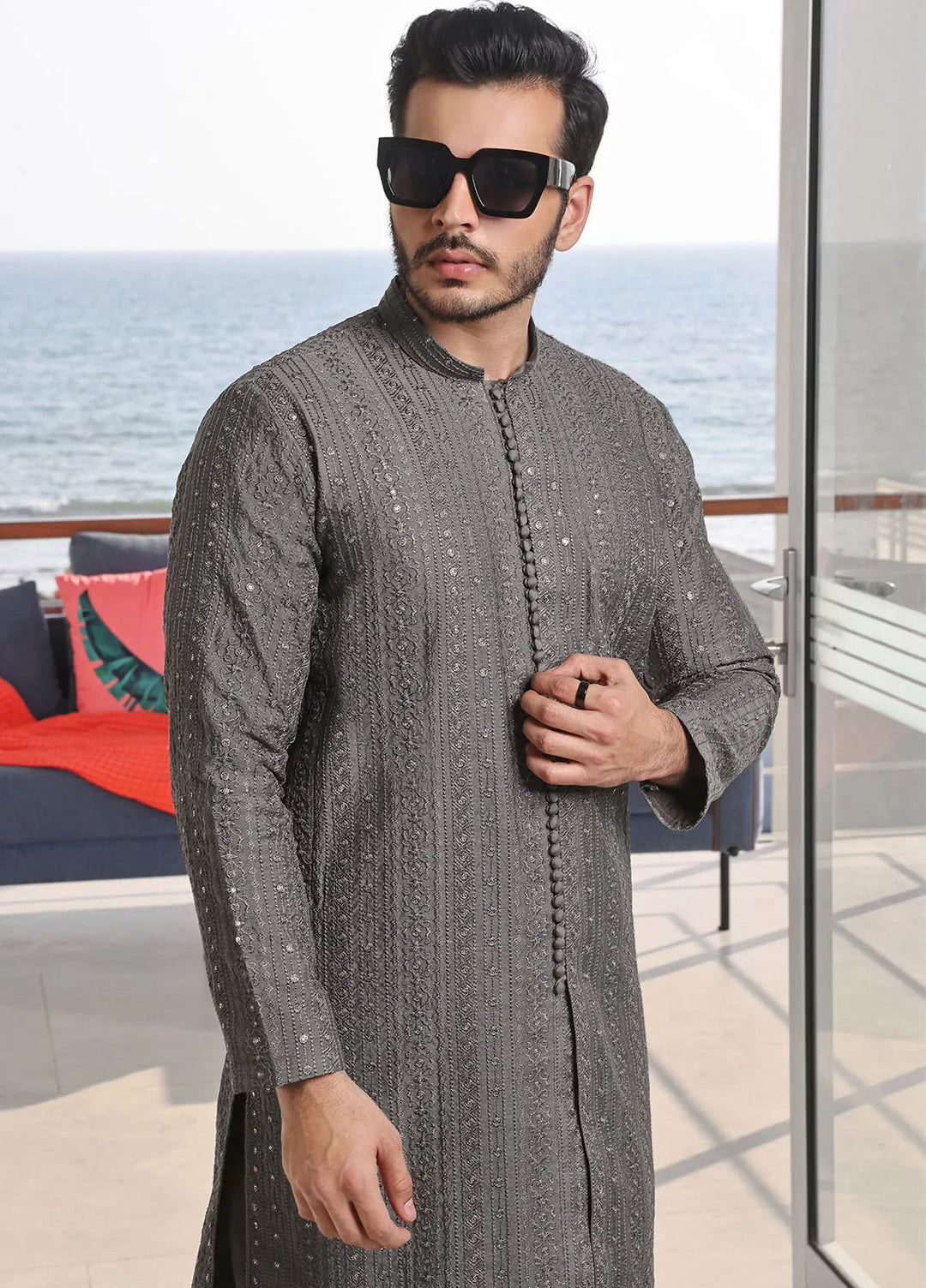 The Great Master (TGM) Raw Silk Fancy Men Kurta Pajama - Stormy Splendor