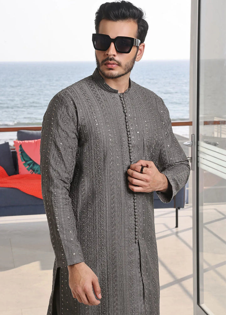 The Great Master (TGM) Raw Silk Fancy Men Kurta Pajama - Stormy Splendor