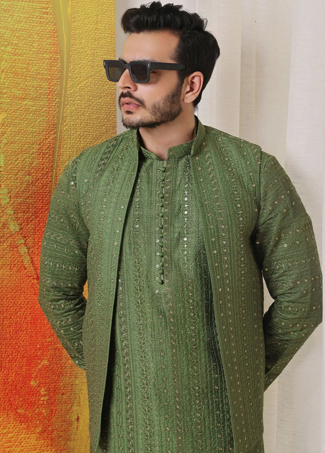 The Great Master (TGM) Raw Silk Formal Men 3 Piece Suit -  Lime Luxe