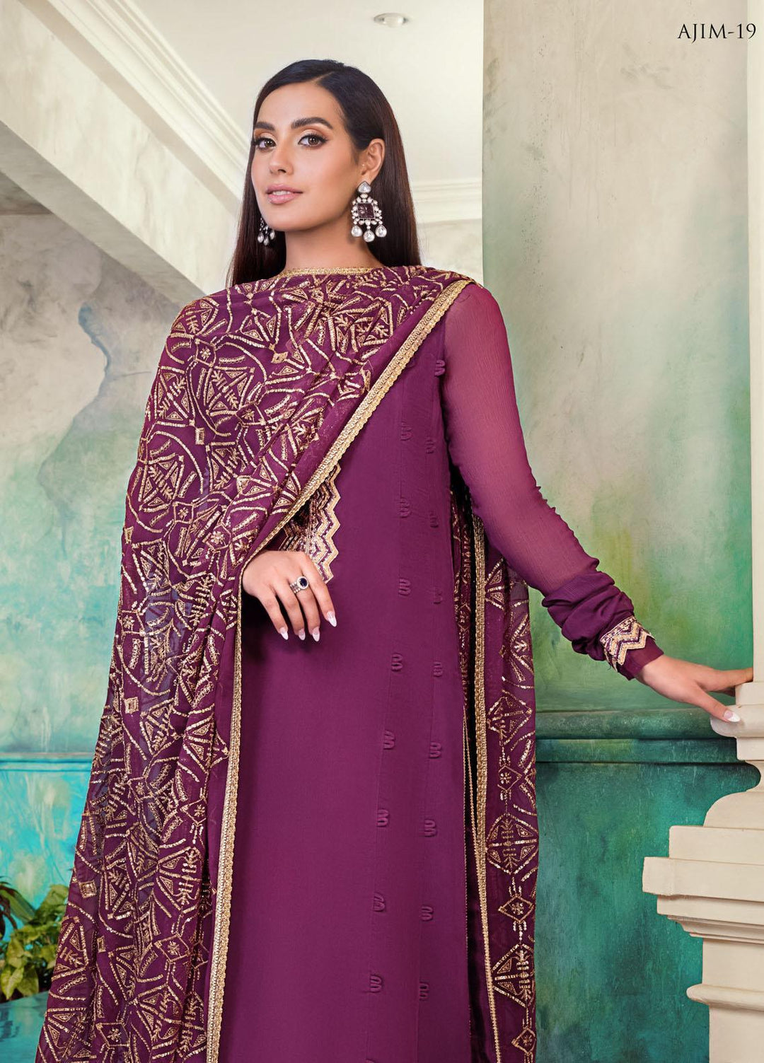 The Iqra & Minal Edit by Asim Jofa Embroidered Chiffon Suits Unstitched 3 Piece AJ22IM AJIM-19 - Winter Collection