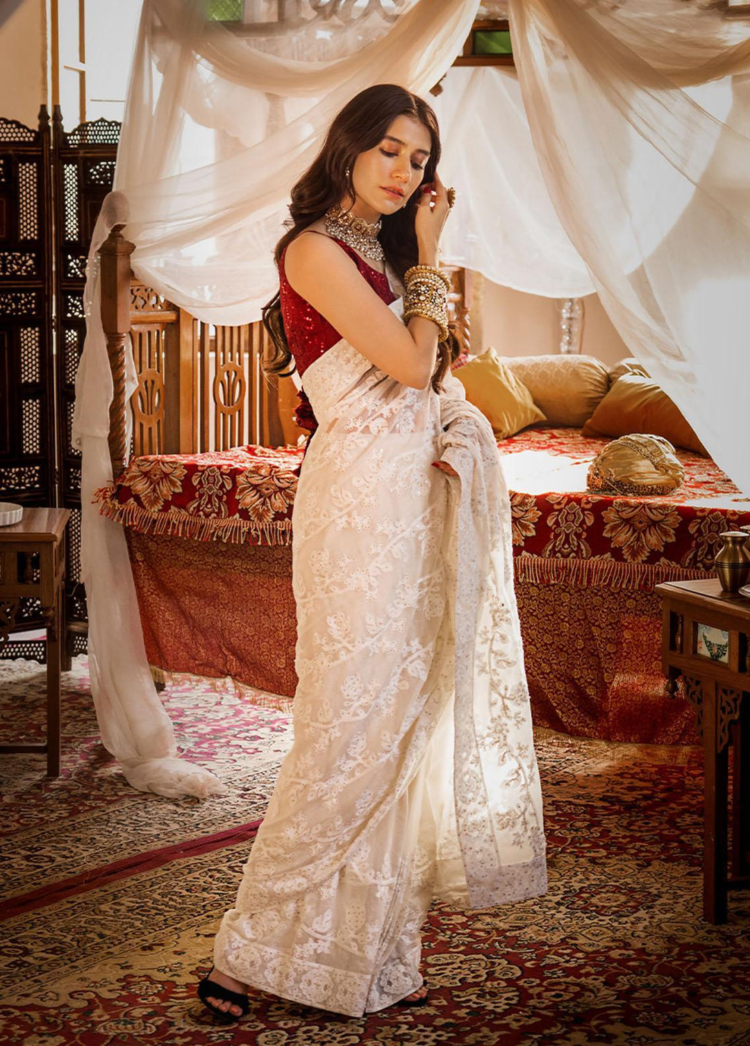 The Mughal Queen by Asim Jofa Embroidered Cotton Unstitched Saree AJ23MQ AJMQ-05 - Eid Collection