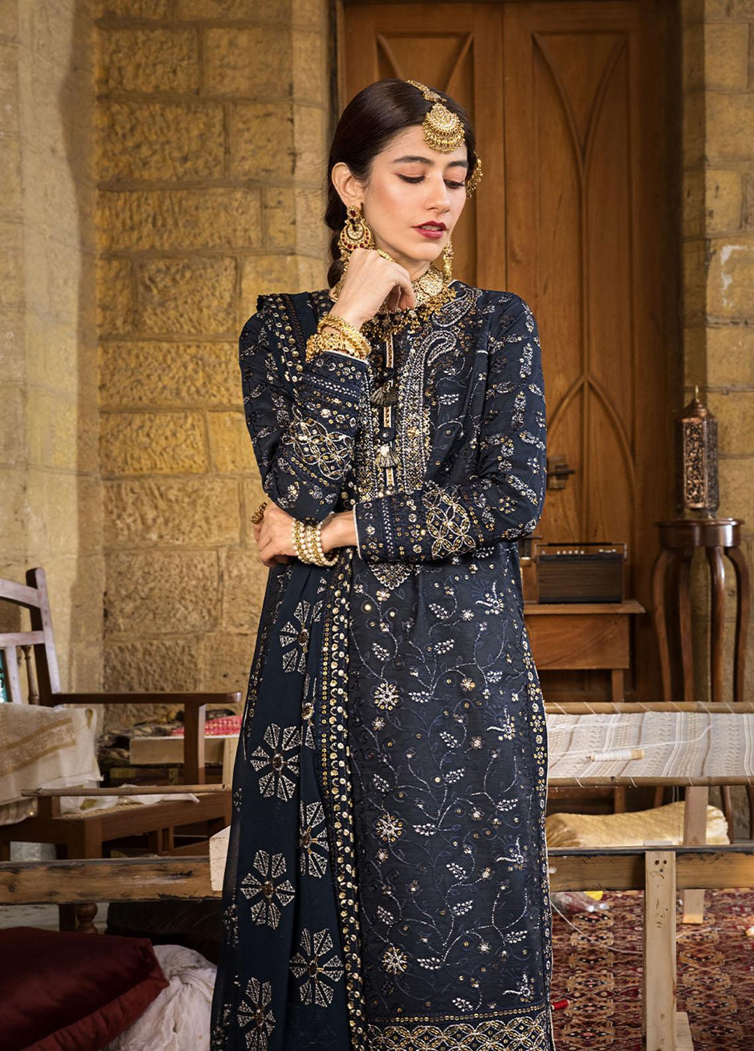 The Mughal Queen by Asim Jofa Embroidered Cotton Suits Unstitched 3 Piece AJ23MQ AJMQ-06 - Eid Collection