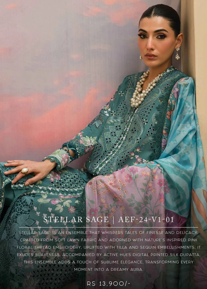 The Painted Garden by Afrozeh Embroidered Lawn Suit Unstitched 3 Piece AF24PG D-01 Stellar Sage - Summer Collection