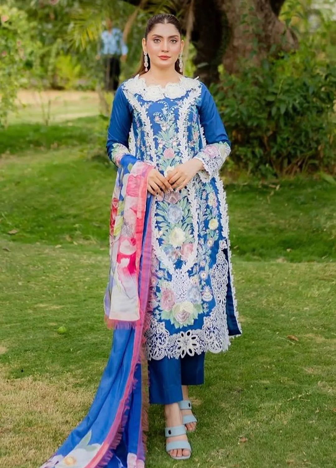 The Secret Garden by Mushq Embroidered Lawn Suits Unstitched 3 Piece MQ24SG D-2B Blue Morpho - Summer Collection