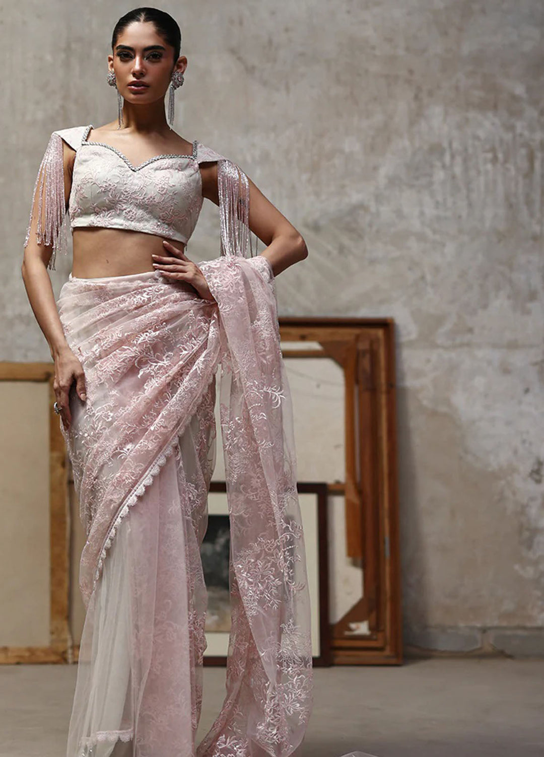 Thread and Motifs Pret Embroidered Net 1 Piece Saree 9764