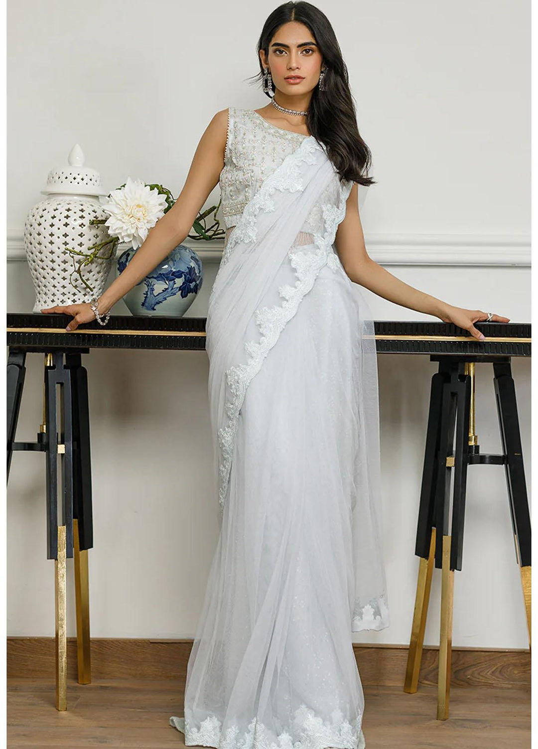 Threads & Motifs Luxury Pret  Net Saree 8046