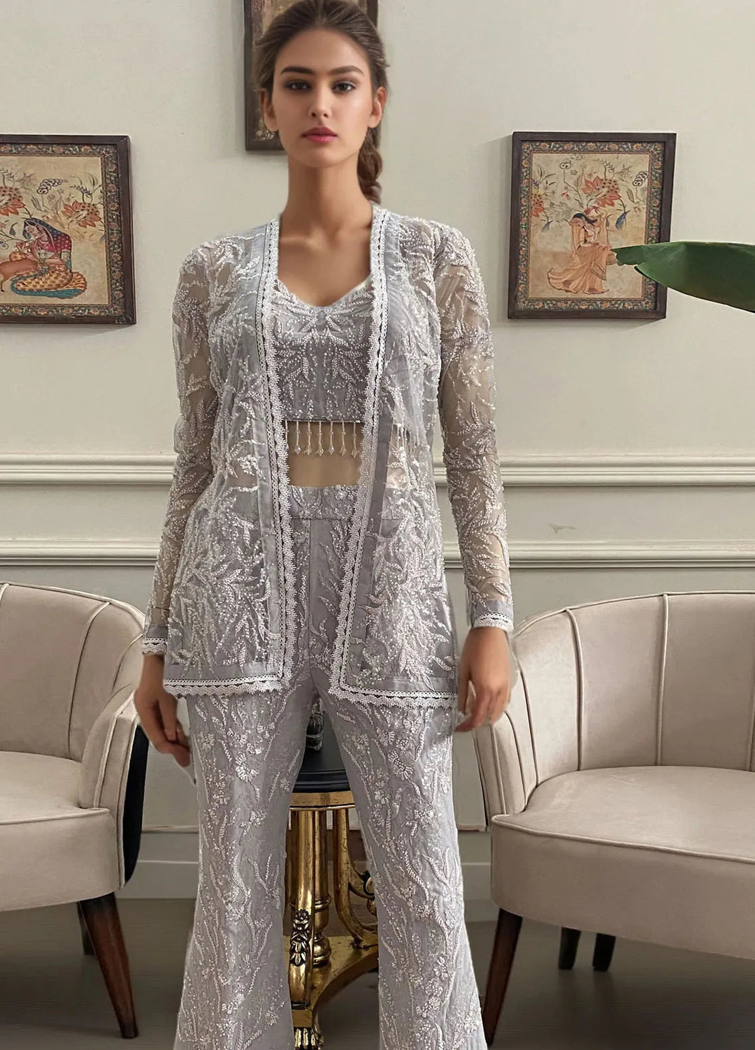 Threads And Motifz Pret Embroidered Net 3 Peice Suit 9253