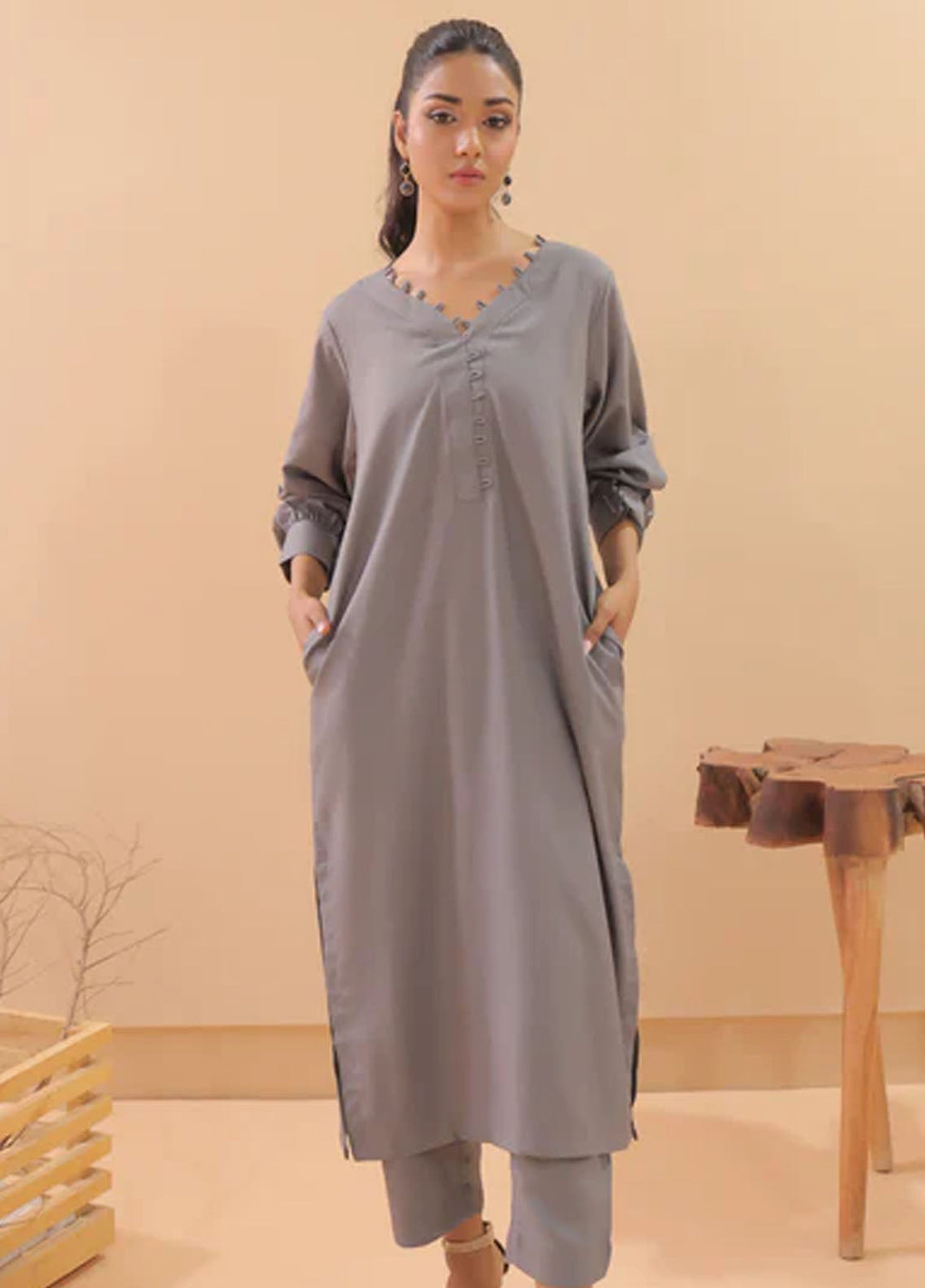 TNG Pret Plain Blended Cotton 2 Piece Suit Wania Grey
