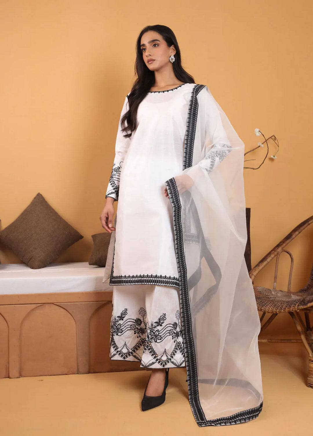 Topnotch Pret Embroidered Raw Silk 3 Piece Suit White Moonstone