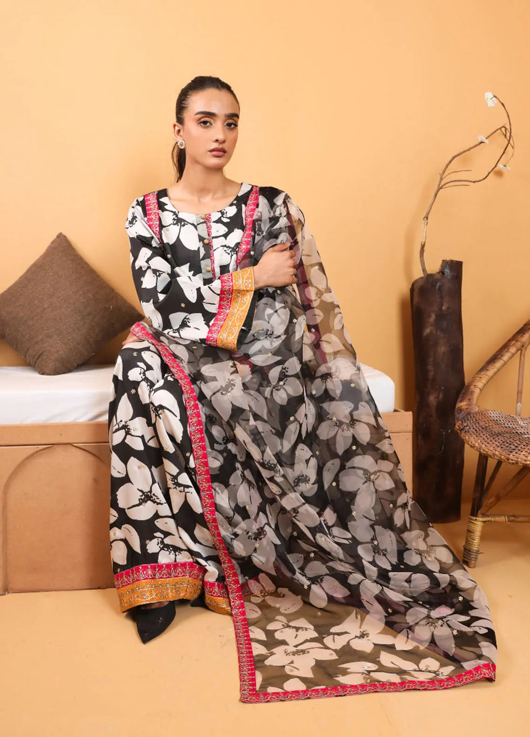 Topnotch Pret Embroidered Silk 3 Piece Suit Onyx