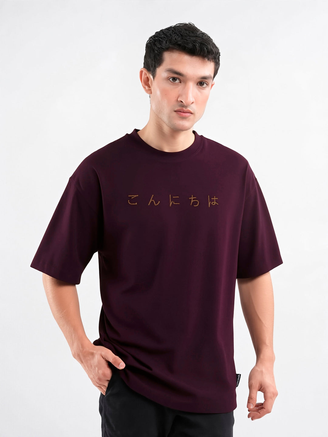 Brumano Cotton Printed Men -Burgundy Oversized T-Shirt With Minimalist 'Hello' Embroidery