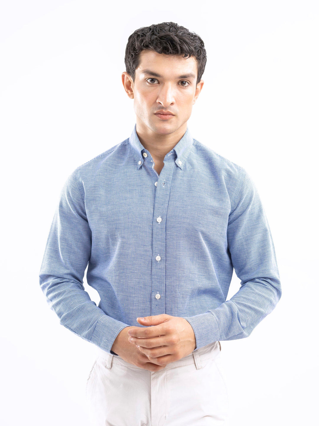 Brumano Mens RTW Solids Cotton Shirt Blue Houndstooth Patterned Casual Collection