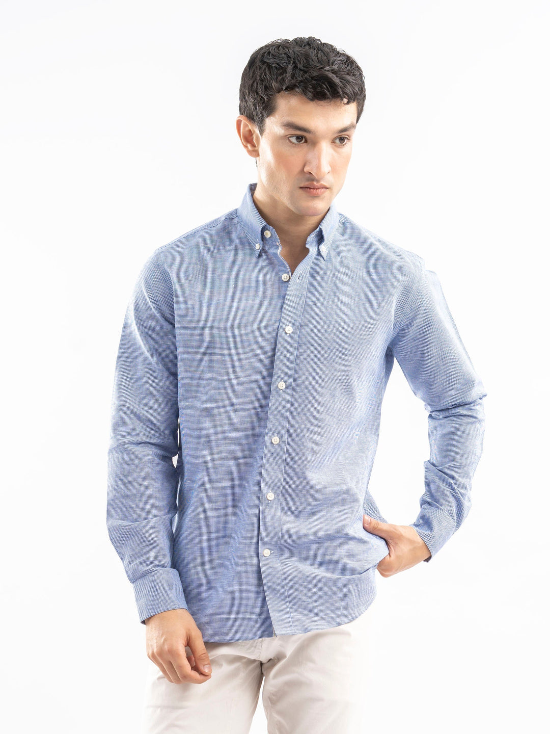 Brumano Ready To Wear Shirts Men 1 Piece Cotton Blue Houndstooth Patterned Linen Shirt 0-31-025-4462 - Summer Collection