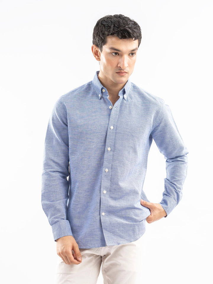 Brumano Ready To Wear Shirts Men 1 Piece Cotton Blue Houndstooth Patterned Linen Shirt 0-31-025-4462 - Summer Collection