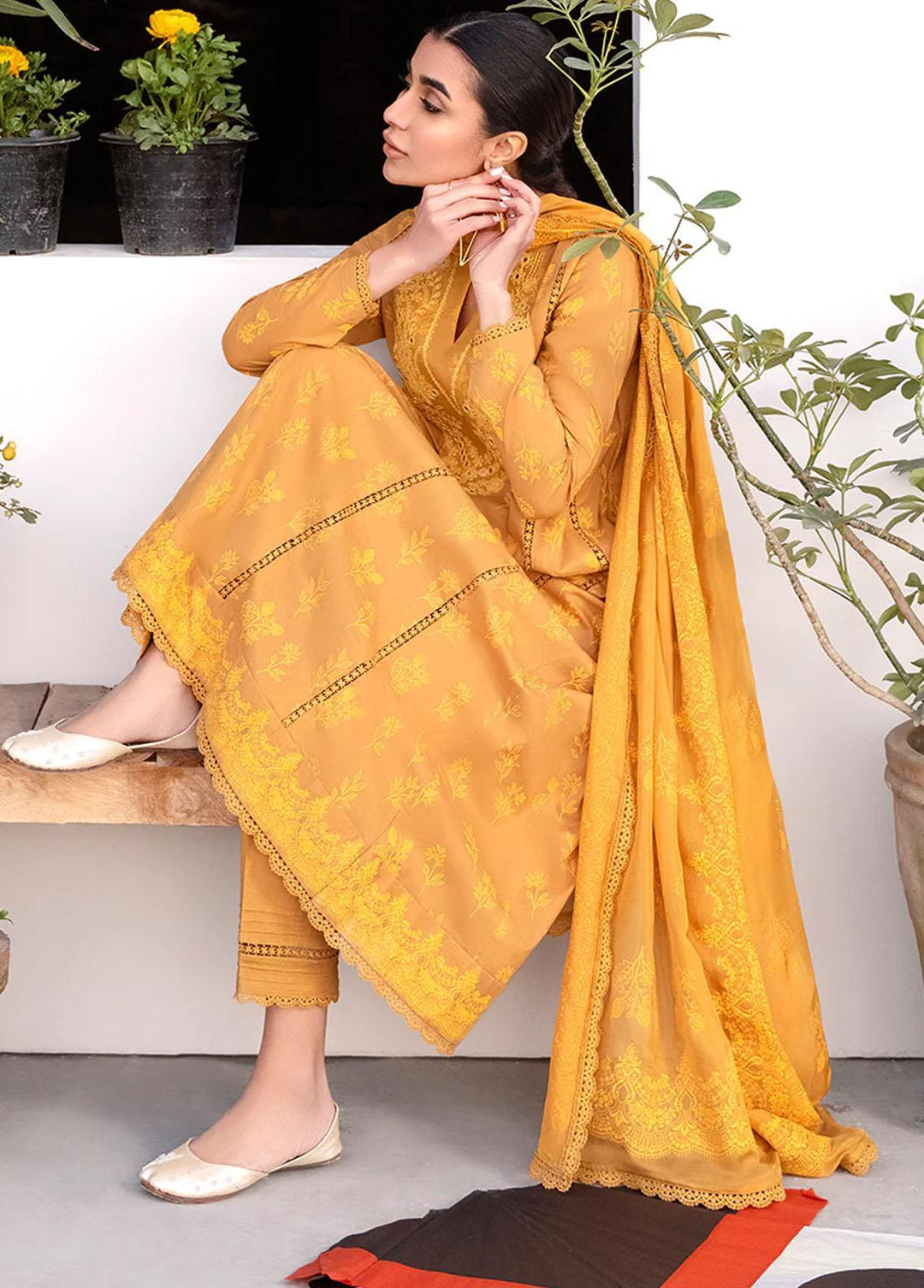 Uraan By Cross Stitch Embroidered Lawn Suits Unstitched 3 Piece CS23U Mustard Oriane - Premium Collection