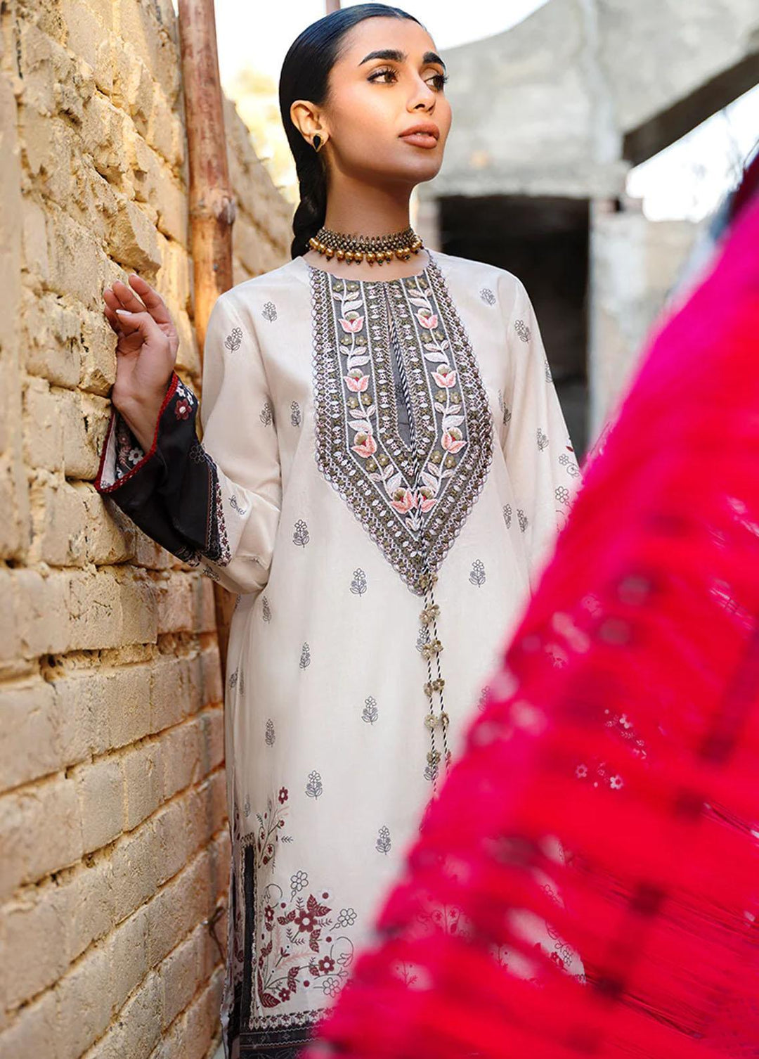 Uraan By Cross Stitch Embroidered Lawn Suits Unstitched 3 Piece CS23U Pale Cream - Premium Collection