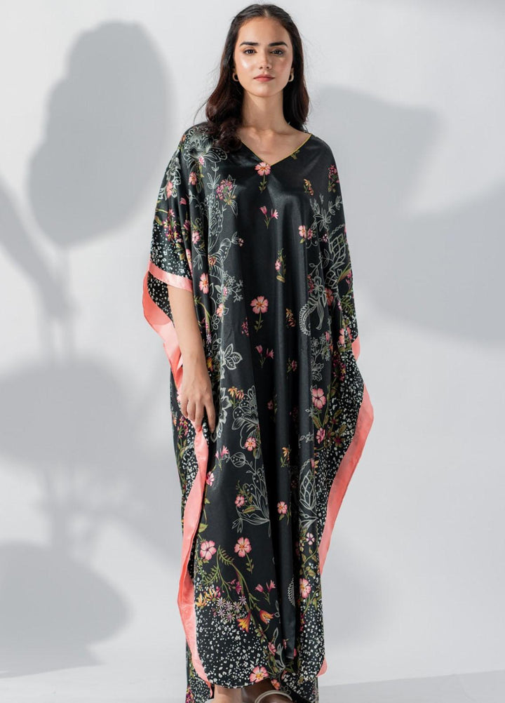 Valerie Printed Satin Long caftan  VL-CAF-BLK - Night Dress