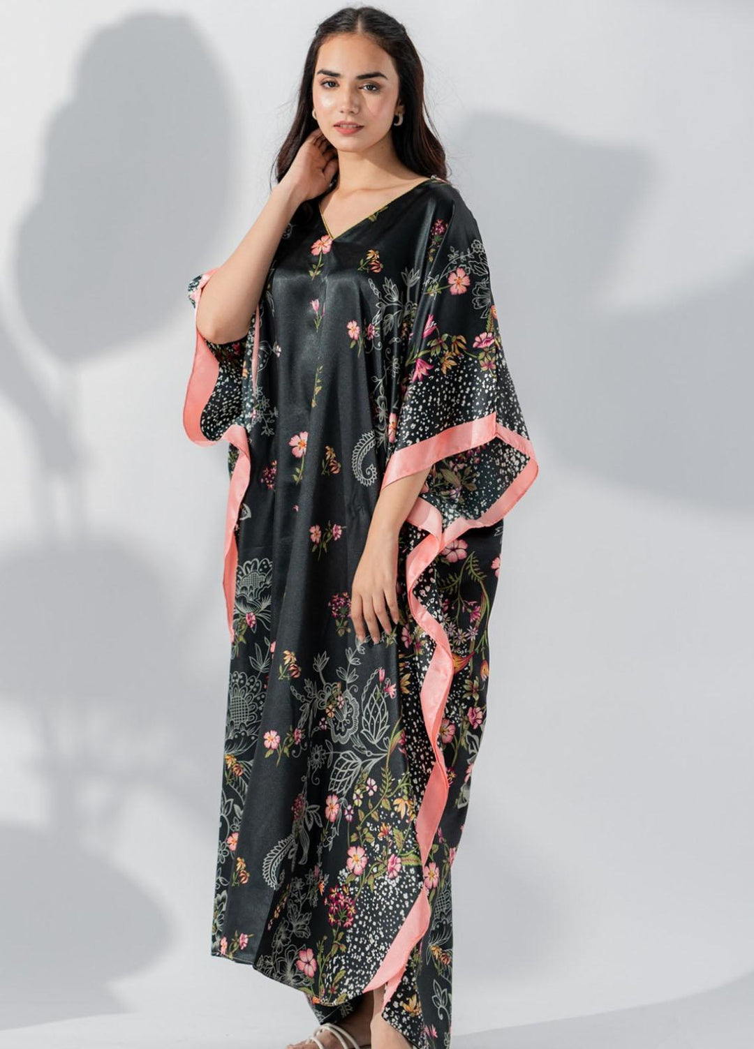 Valerie Printed Satin Long caftan  VL-CAF-BLK - Night Dress