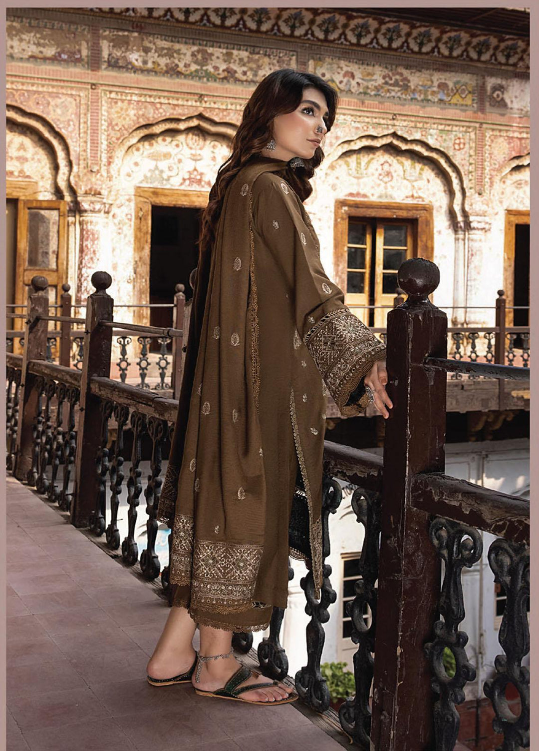 Vasl By Humdum Embroidered Leather Peach Suits Unstitched 3 Piece HD23V 01 - Winter Collection