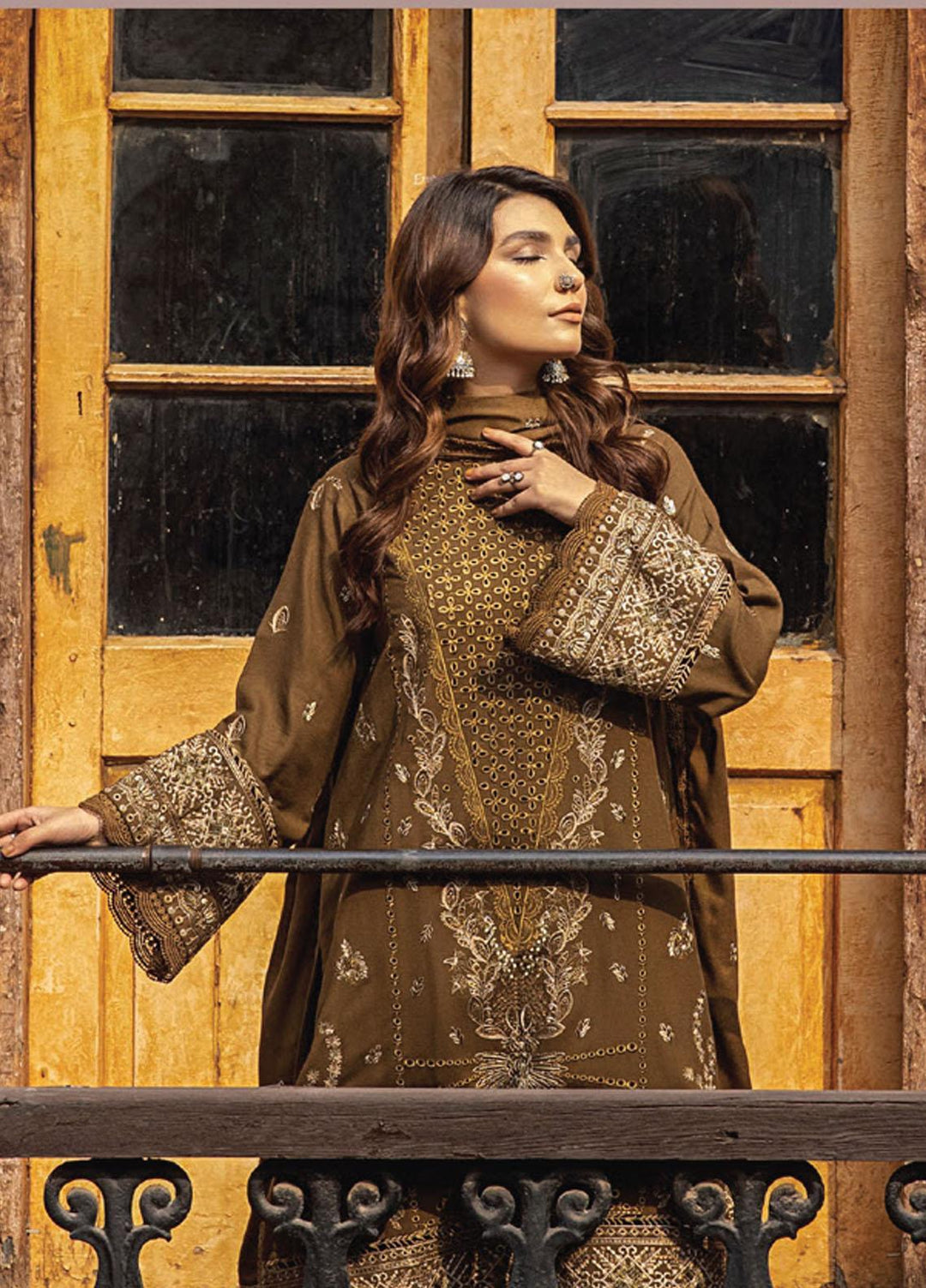 Vasl By Humdum Embroidered Leather Peach Suits Unstitched 3 Piece HD23V 01 - Winter Collection