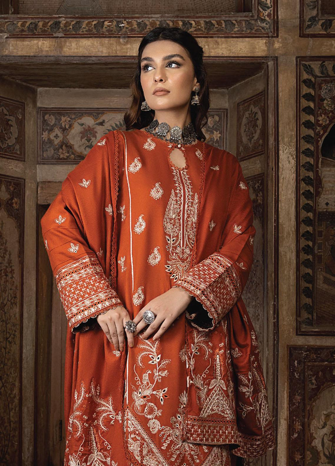 Vasl By Humdum Embroidered Leather Peach Suits Unstitched 3 Piece HD23V 02 - Winter Collection