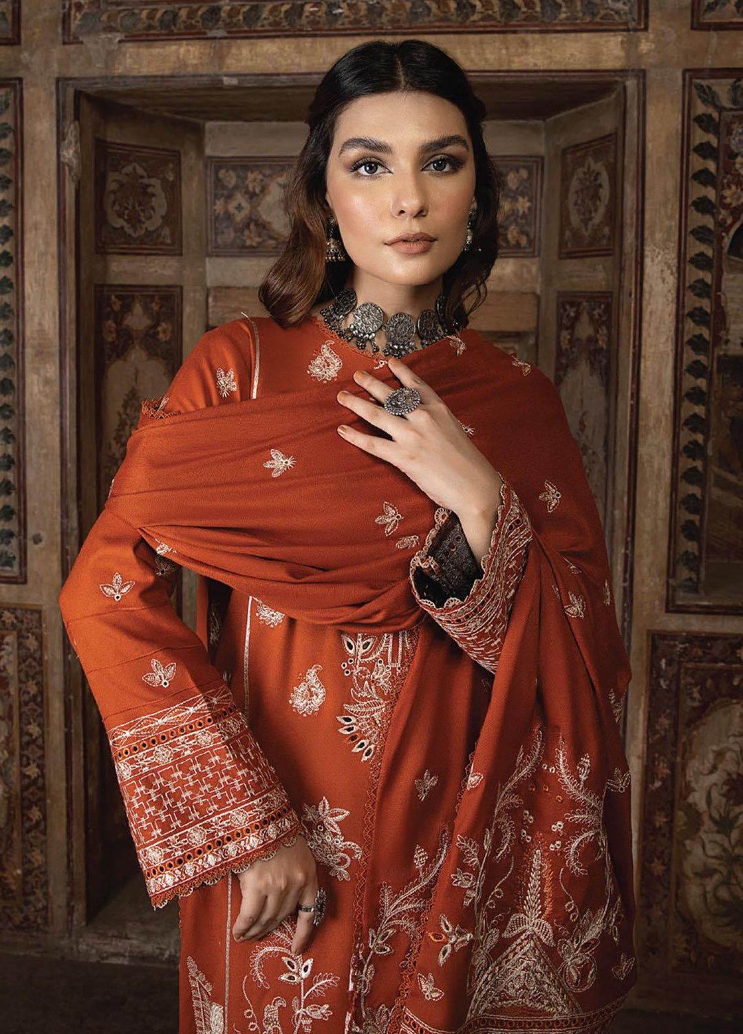 Vasl By Humdum Embroidered Leather Peach Suits Unstitched 3 Piece HD23V 02 - Winter Collection